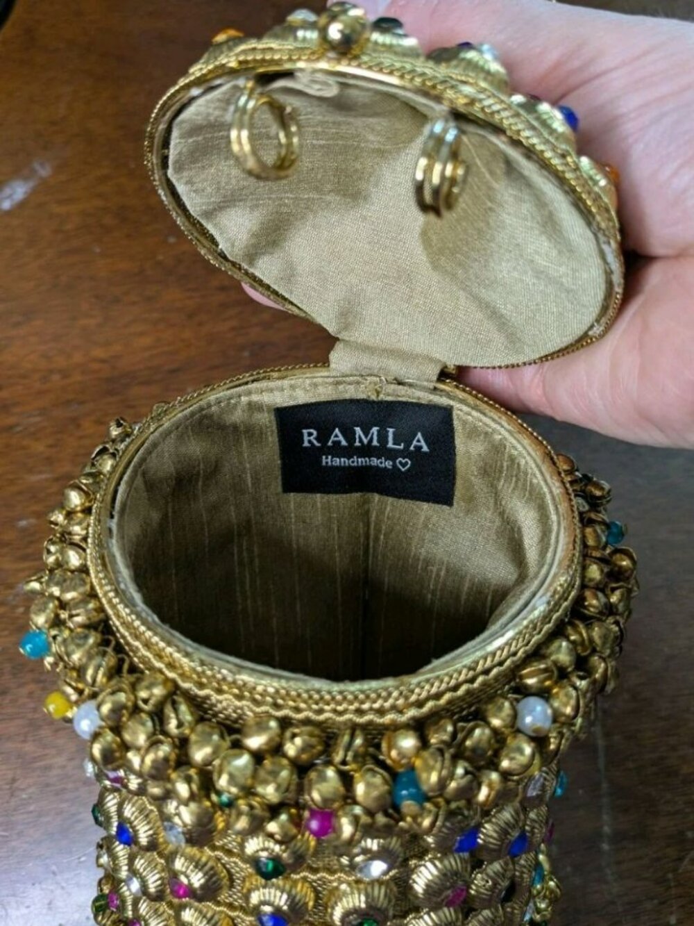 NWOT Ramla Bling Crystal Pearl Handmade Shimmer Bag Gold Purse Clutch Morocco - Picture 5 of 7
